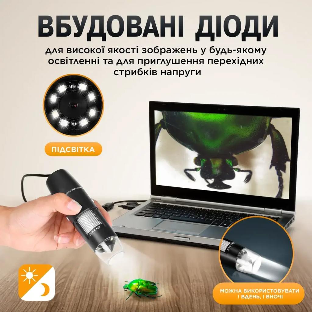 Цифровой электронный микроскоп 3в1 1600Х с подсветкой. С подключением к Windows, Android, MacOS