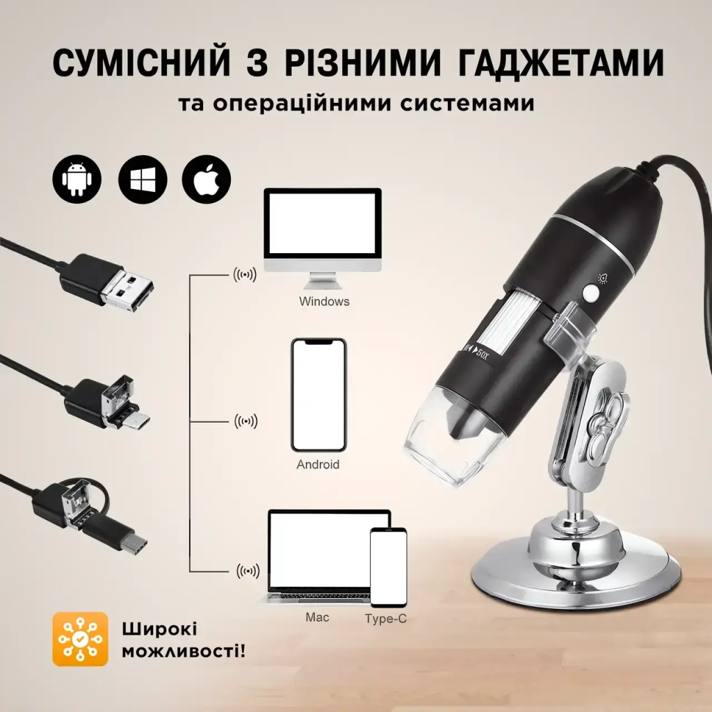 Цифровой электронный микроскоп 3в1 1600Х с подсветкой. С подключением к Windows, Android, MacOS